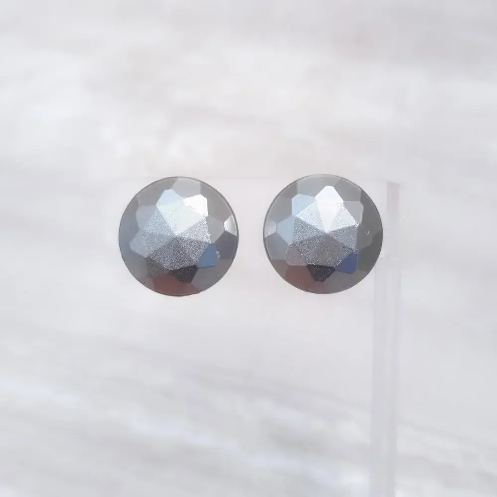 Vintage Clip On Earrings Matte Silver Tone Faceted Domed Circle 7/8